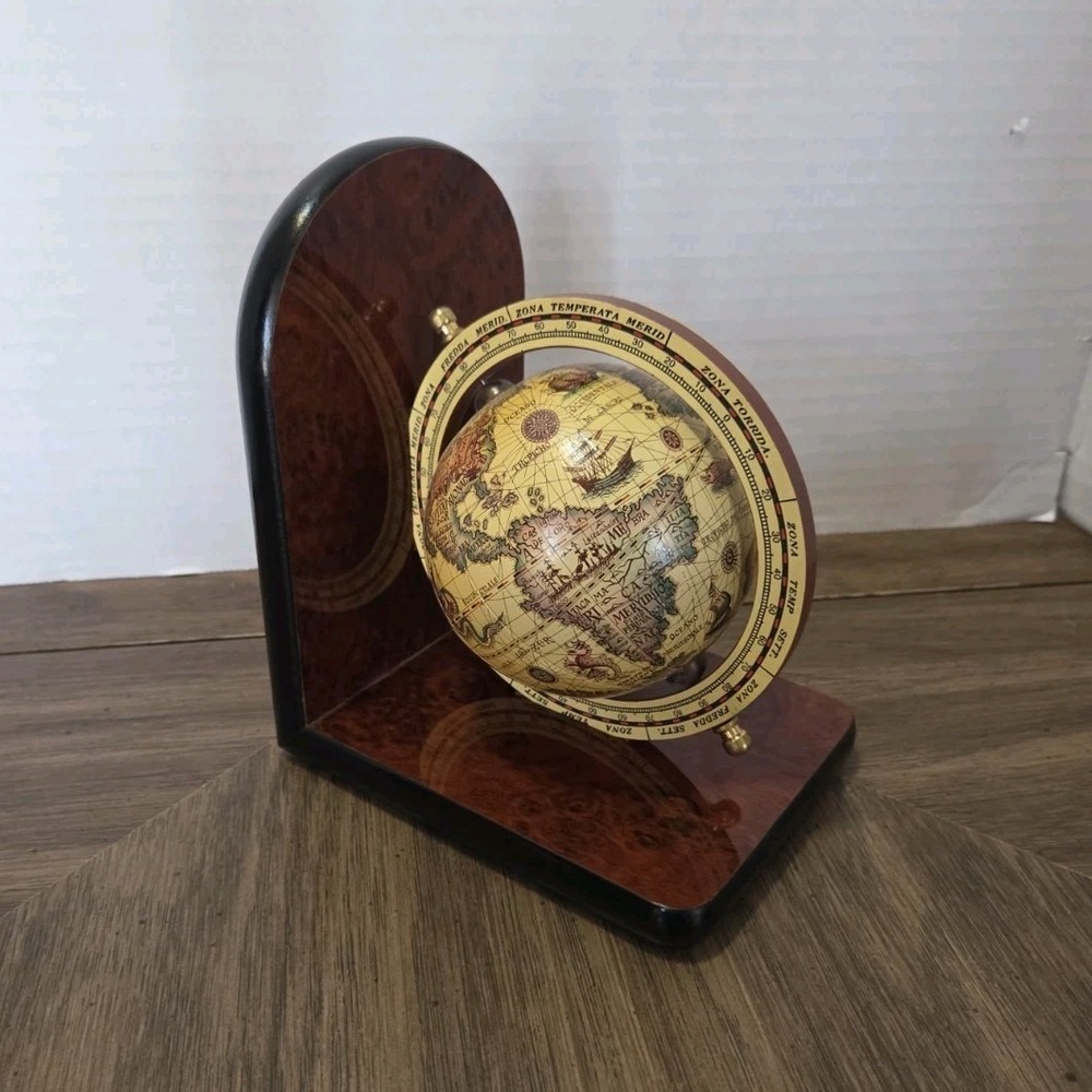 wooden "Old World" map globe bookend, Studius,